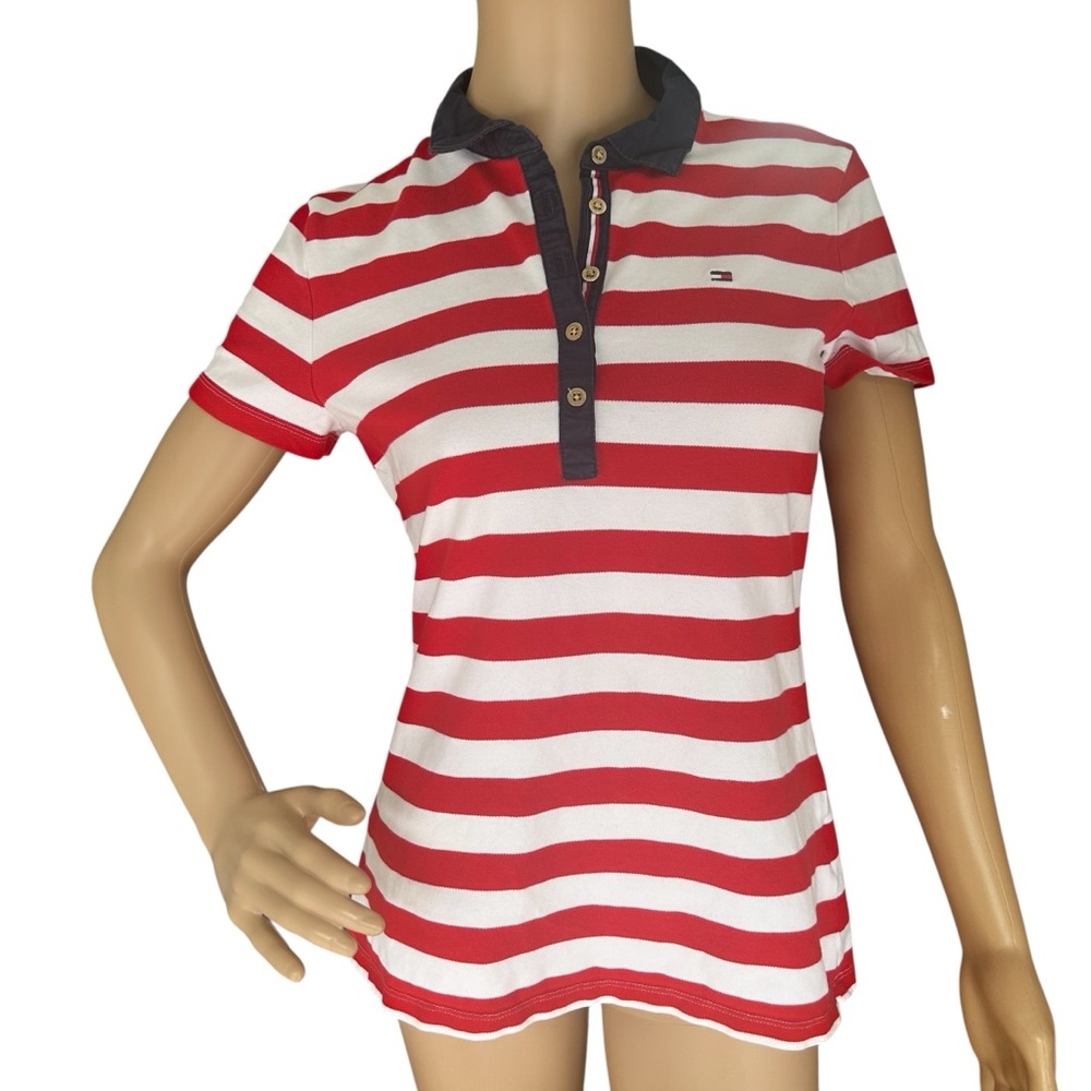 Tommy Hilfiger Red White Striped Polo Shirt Size M Cotton Stretch